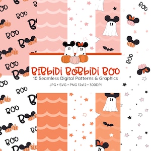 May include: A collection of ten seamless digital patterns and graphics with a Halloween theme. The patterns feature pumpkins, stars, bats, and cartoon characters. The color palette includes shades of pink, orange, black, and white. The text "Bibbidi Bobbidi Boo" is displayed.