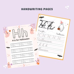 May include: A printable worksheet for practicing handwriting the letter H. The worksheet features a ghost and bats with a pink and white background. The text on the worksheet says "H is for Halloween".