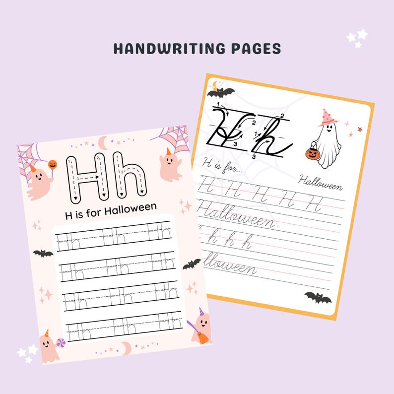 May include: A printable worksheet for practicing handwriting the letter H. The worksheet features a ghost and bats with a pink and white background. The text on the worksheet says "H is for Halloween".