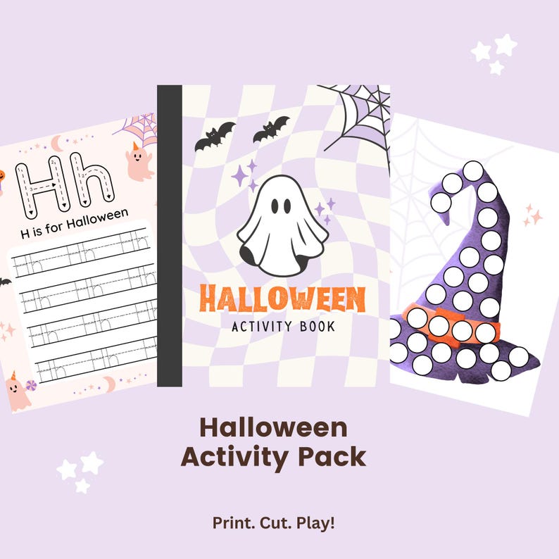 May include: A Halloween activity pack with three printable pages. The first page is a tracing sheet for the letter H, the second page features a ghost and the text "HALLOWEEN ACTIVITY BOOK", and the third page is a witch's hat with a dot-to-dot activity.