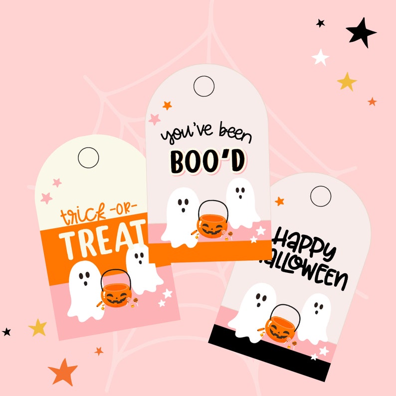 Pu&ograve; includere: Tre etichette regalo di Halloween stampabili con fantasmi e secchielli di caramelle. Le etichette dicono "trick-or-treat", "you've been boo'd" e "happy halloween".