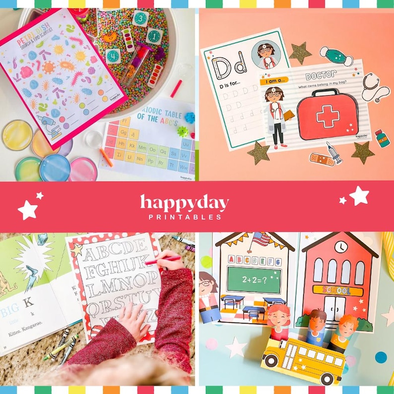 May include: A collage of educational printables and activities. Includes a science-themed worksheet, a periodic table chart, a doctor-themed learning set, and an alphabet coloring page. The image also features a sensory bin with colorful beads and number blocks.