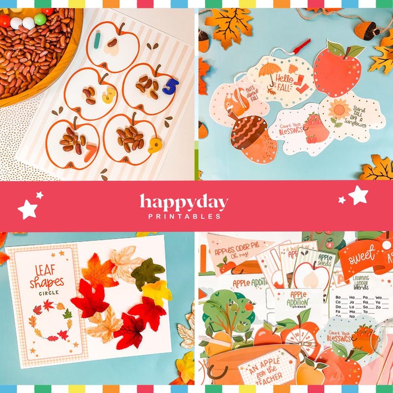 May include: A collage of fall-themed educational printables. Includes apple-shaped number cards, decorative tags with fall motifs, a leaf shape circle, and apple-themed learning materials. The "happyday printables" logo is visible.