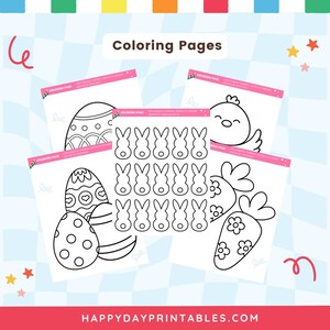 May include: A collection of printable coloring pages featuring Easter-themed designs. The pages include outlines of Easter eggs, bunnies, a chick, and a carrot. The text "Coloring Pages" is at the top, and the website HAPPYDAYPRINTABLES.COM is at the bottom.