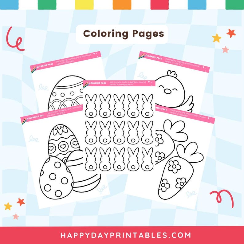 May include: A collection of printable coloring pages featuring Easter-themed designs. The pages include outlines of Easter eggs, bunnies, a chick, and a carrot. The text "Coloring Pages" is at the top, and the website HAPPYDAYPRINTABLES.COM is at the bottom.
