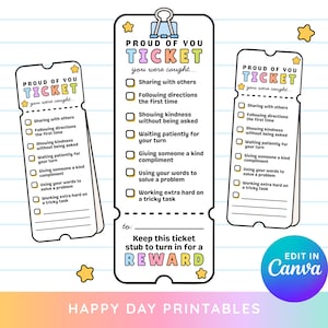 Puede incluir: Un conjunto de tres boletos "Orgulloso de ti" con un diseño de estrella y clip. Los boletos enumeran comportamientos positivos como compartir y amabilidad. También se incluye el texto "Conserva este talón de boleto para canjearlo por una RECOMPENSA".
