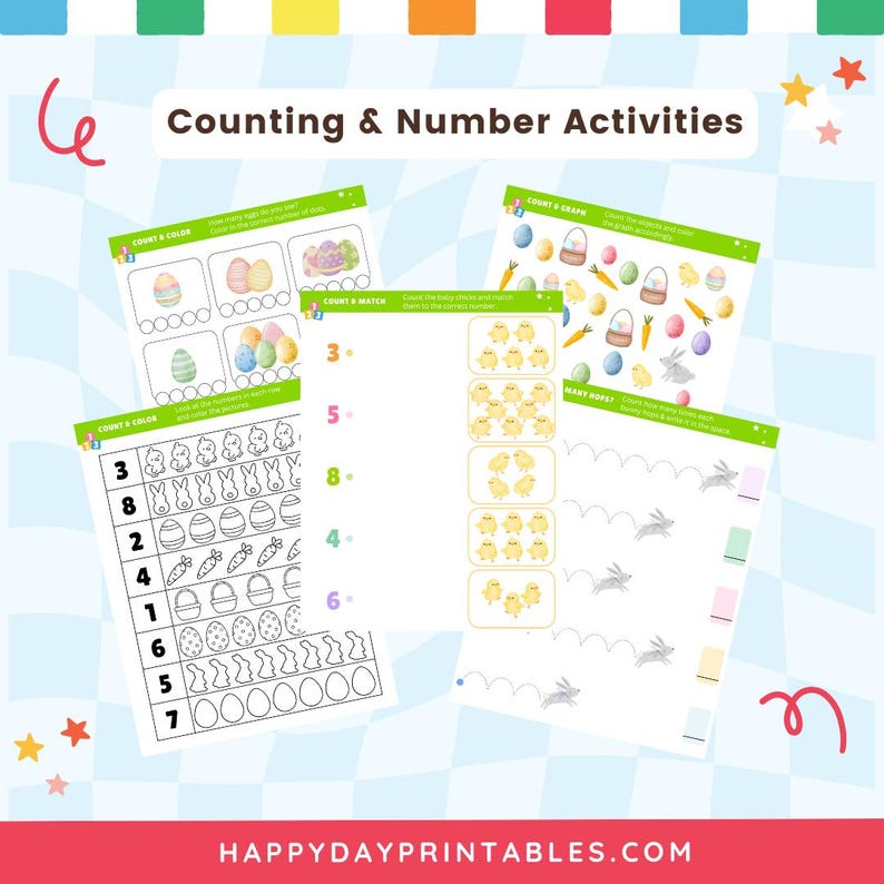 May include: A collection of printable Easter-themed counting and number activities. The worksheets feature colorful illustrations of eggs, chicks, bunnies, and carrots. The text "Counting & Number Activities" is at the top, with the website address "HAPPYDAYPRINTABLES.COM" at the bottom.