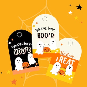 Pu&ograve; includere: Tre etichette regalo di Halloween con fantasmi e disegni di mais dolce. Le etichette recitano "You've been Boo'd" e "Trick-or-Treat".
