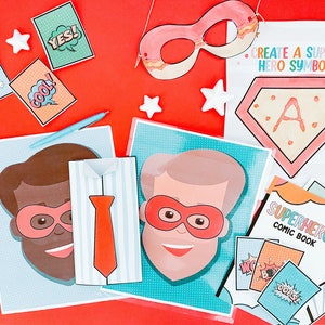 Pacote de mini atividades de super-heróis - Cartão de Dia dos Pais - Superpai - História em quadrinhos - Jogo de combinação de super-heróis - Cartão de Dia dos Pais para imprimir