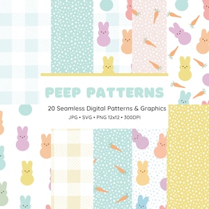 Peut inclure: Un ensemble de 20 motifs numériques sans couture représentant des Peeps de Pâques et des carottes de couleur pastel. Les motifs sont disponibles aux formats JPG, SVG et PNG, et mesurent 12x12 pouces à 300 DPI.