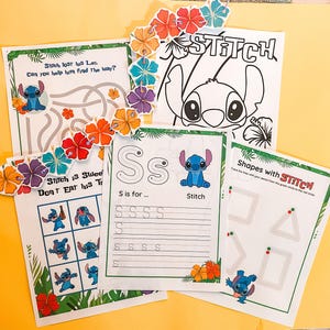 May include: A collection of Stitch-themed activity sheets and coloring pages. The sheets include mazes, shape tracing, and letter practice. Colorful floral accents and the word "STITCH" are visible. The overall color scheme is bright and playful.