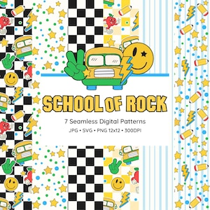 School of Rock Digitalt Mönsterpaket | Pojkar Tillbaka till Skolan Sömlöst Mönster | Direkt Nedladdning | Förskolesömlös Design | Kommersiellt Bruk