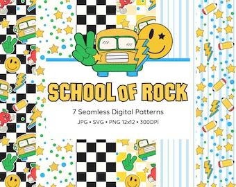 Pacote de Padrões Digitais da Escola de Rock | Padrão de Volta às Aulas Sem Costura para Meninos | Download Instantâneo | Design Sem Costura para Pré-escola | Uso Comercial