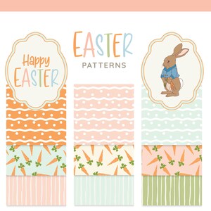 K&ouml;nnte beinhalten: Drei Ostermotive mit einem Hasen, der Karotten h&auml;lt, einem Karottenmuster und einem Muster aus Punkten und Wellenlinien. Der Text "Happy Easter" befindet sich in einem Banner oben auf dem ersten Muster.