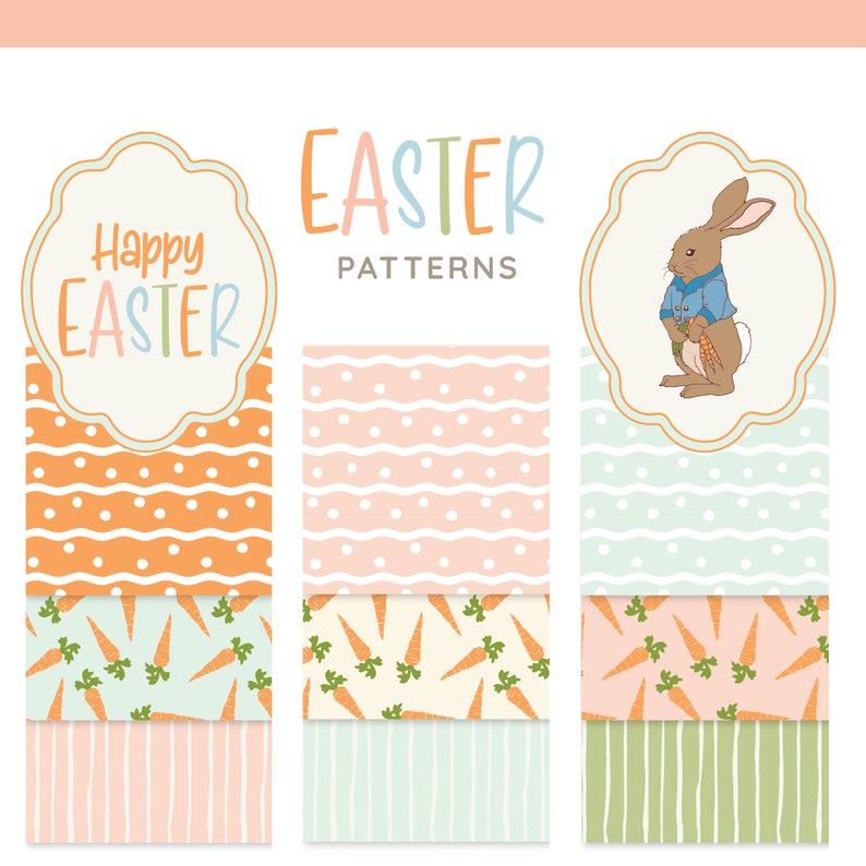 K&ouml;nnte beinhalten: Drei Ostermotive mit einem Hasen, der Karotten h&auml;lt, einem Karottenmuster und einem Muster aus Punkten und Wellenlinien. Der Text "Happy Easter" befindet sich in einem Banner oben auf dem ersten Muster.