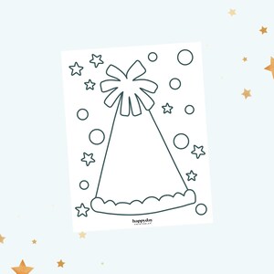 May include: A black and white printable coloring page featuring a party hat with a bow on top. The hat is surrounded by stars and circles.