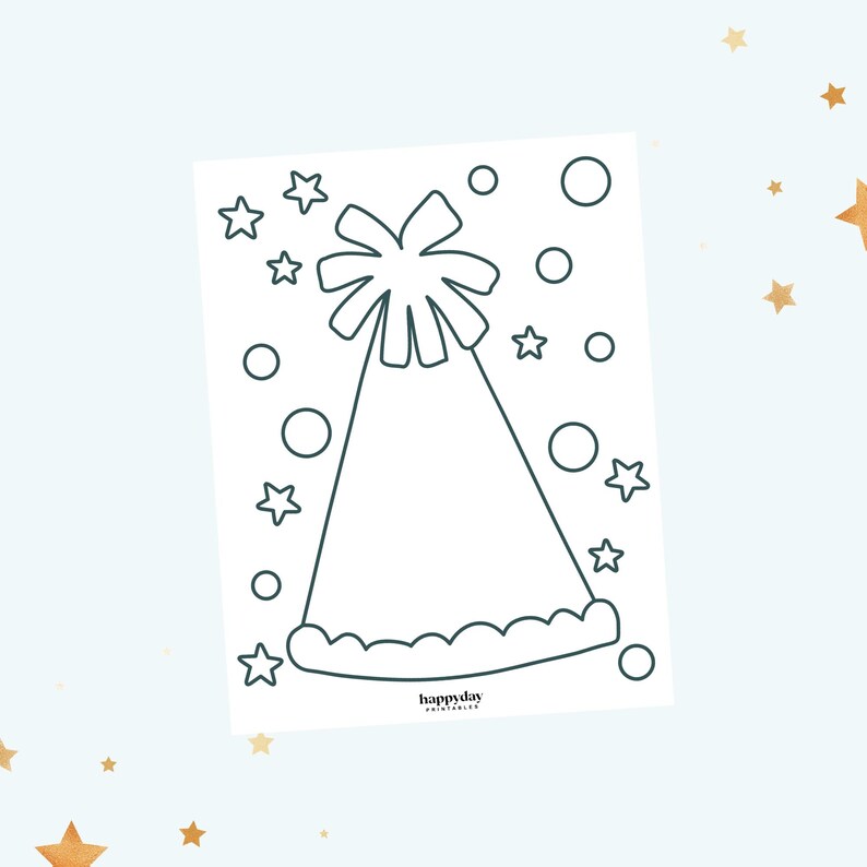 May include: A black and white printable coloring page featuring a party hat with a bow on top. The hat is surrounded by stars and circles.