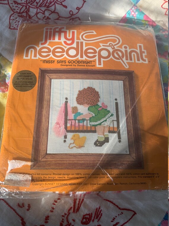 Vintage Jiffy Needlepoint missy Says Goodnight Kit Designed by Donna  Enstaff 5711 