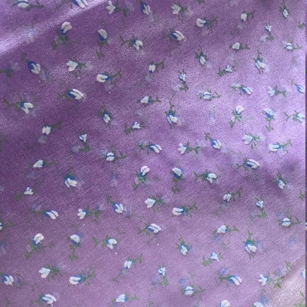 Vintage 45" Purple Shimmer Chiffon Sheer Fabric with Flocked Swiss Blue & White Rosebuds Up to 2 Yards