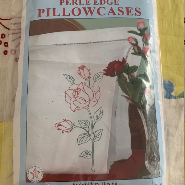 Jack Dempsey Needle Art Long Stem Rose Perle Edge Pillow Cases