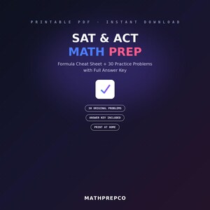 SAT ACT Math Prep Worksheet | Formula Cheat Sheet, 30 Problems (PDF Download) #1