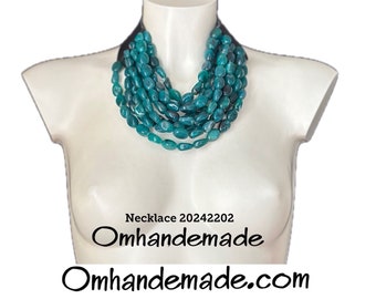 20242202 Teal necklace bib necklace choker multi-strand necklace layers relief closure leather bijou resin and leather maxi necklace