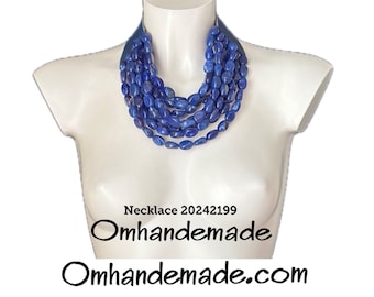 20242199 blue necklace, layered multi-strand choker necklace in relief with resin nuggets and leather clasp, statement necklace