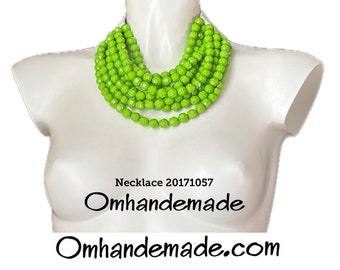 20171057 Lime Green Bib Necklace Beaded Layered Multi-strand Choker Necklace, Chunky Necklace Fairchild Baldwin Style Necklace