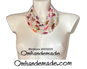 20242221 Bib Necklace White Pearls and Colorful Beads Beaded Multistrand Layered Choker Necklace Fairchild Baldwin Style Necklace