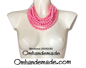 20242192 Pink necklace, pink bib necklace, choker necklace, relief multi-strand layered necklace, Fairchild Baldwin style necklace