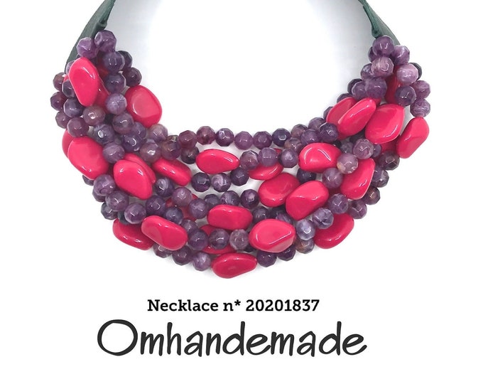 20201837 purple and fuchsia necklace, bib necklace, chunky necklace, multistrand necklace, beaded layering necklace, statement necklace