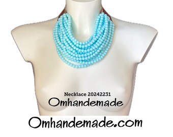 20242231 light blue necklace bib necklace layered multi-strand necklace maxi resin choker necklace with collar and leather closure