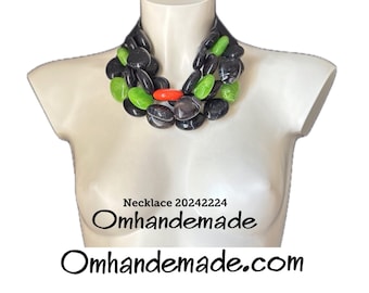20242224 Black lime green and coral necklace, bib necklace, layered multi-strand relief necklace, maxi resin and leather choker necklace