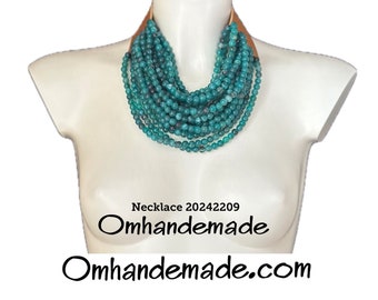 20242209 teal necklace, gag necklace, multi-strand layered relief necklace, choker necklace, maxi necklace