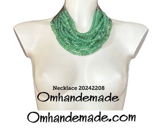 20242208 green necklace, gag necklace, multi-strand layered relief necklace, choker necklace, maxi necklace