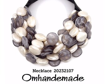 20232107 Gray and white necklace maxi necklace bib necklace multi strand necklace layered necklace beaded statement necklace
