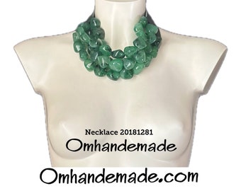 20181281 maxi necklace, green necklace, bib necklace, large necklace, green nuggets, multi-strand layered necklace in relief, leather collar