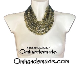 20242227 olive green necklace, choker bib necklace, multi-strand layered relief necklace with leather closure collar by Omhandemade