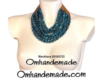 20191713 teal necklace multi-strand choker necklace layers relief bib necklace with multi-strand collar leather closure by Omhandemade