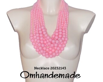 20232143 Pink Necklace Bib Necklace Pink Multistrand Necklace, Beaded Layered Necklace Pink Beaded Necklace Pink Statement Necklace
