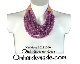 20222000 Purple necklace multi-strand layered choker necklace relief leather collar, Fairchild Baldwin style necklace by Omhandemade