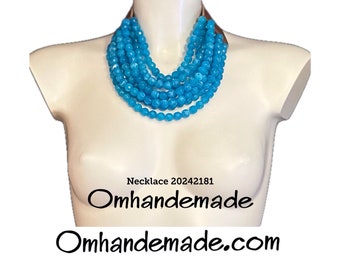 20242181 Bright turquoise necklace in resin multi-strand layered necklace in relief bib necklace light blue necklace leather collar