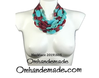 20191605 Turquoise and burgundy necklace, maxi necklace, multi-strand layered relief bib necklace, statement necklace by Omhandemade