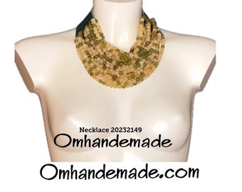 20232149 beige and olive green choker necklace multi-strand necklace layered necklace beaded necklace statement necklace maxi necklace