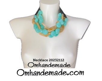 20232112 Aqua green and beige necklace, stones necklace, multilayer relief crew neck bib necklace, maxi necklace with leather collar