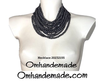 20232155 Black Necklace Layered Beaded Choker Necklace Multistrand Resin Necklace Leather Backing Necklace Statement Necklace