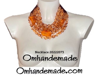 20222073 orange hazelnut necklace, bib necklace, multi-strand relief layered necklace in resin and leather, Fairchil Baldwin style necklace