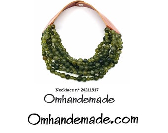 20211917 olive green necklace, choker bib necklace, multi-strand layered relief necklace with leather closure collar by Omhandemade