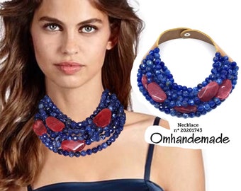20201743 blue lapis and red bib necklace choker blue and red beads leather collar multistrand layered beaded necklace for her