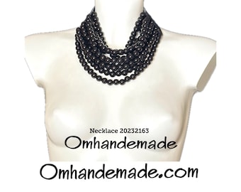 20232163 Black Necklace Layered Beaded Choker Necklace Multistrand Resin Necklace Leather Backing Necklace Statement Necklace